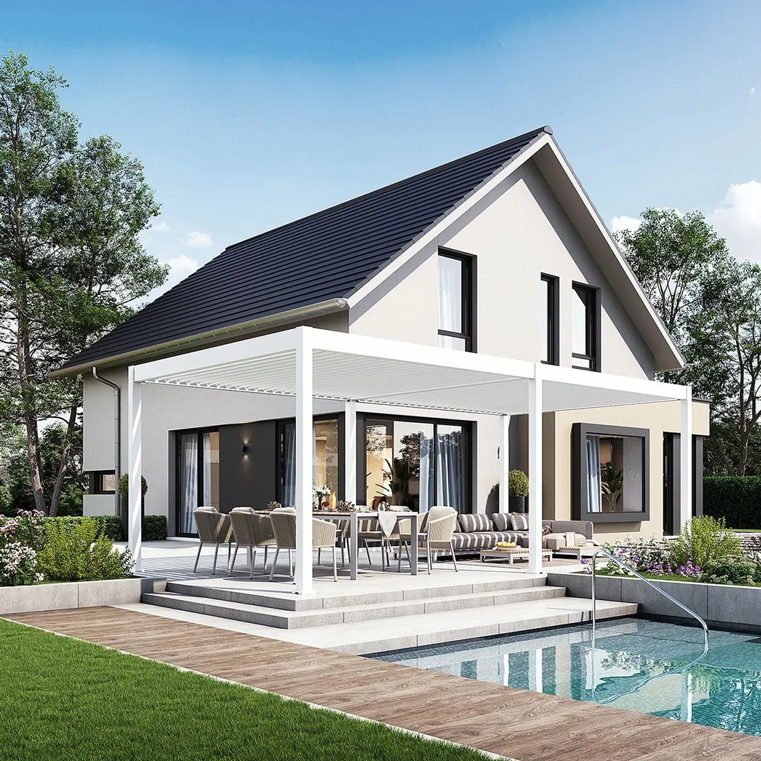 Weißer Weide Deluxe Alu Pavillon mit elektrischem Lamellendach über Terrasse am Haus & Pool.