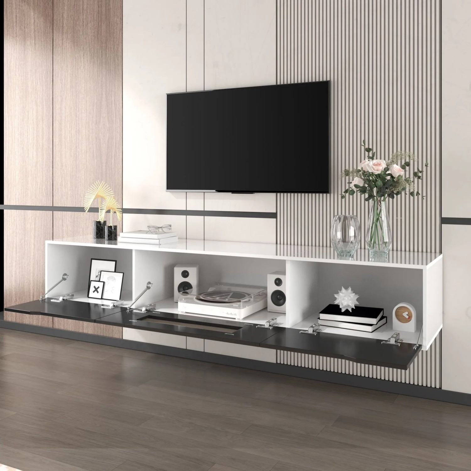 okwish TV Schrank mit LED Licht Holzoptik Glasböden 180x35x30cm Schwarz_7