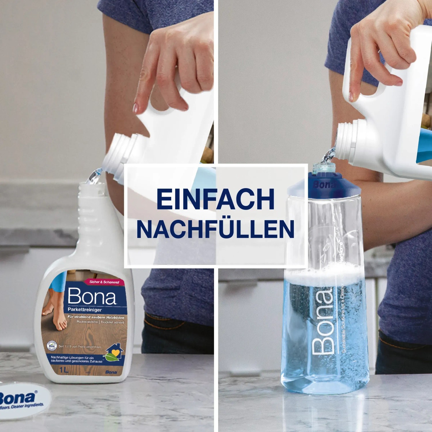 Bona Parkettreiniger Nachfüllkanister 4l beim Nachfüllen einer Sprühflasche.