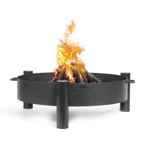 Schwarze CookKing Feuerschale Haiti (Ø 68cm) mit brennendem Holz. Robuste Stahl-Feuerstelle für Garten & Terrasse.