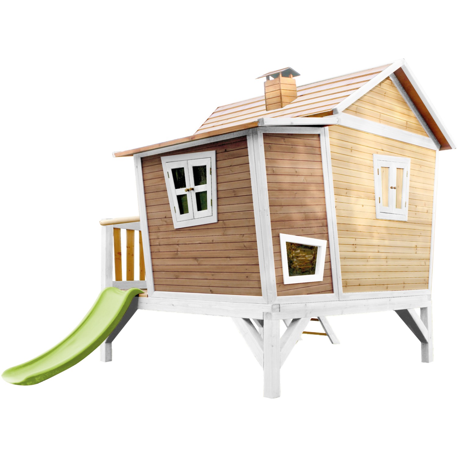 Axi Emma Spielhaus mit Rutsche, braun-weiß, schiefes Design, für Kinder zum Spielen im Garten.