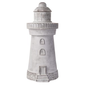 Grau-weiße Deko-Figur Leuchtturm, 39 cm hoch, für maritime Gartendekoration.