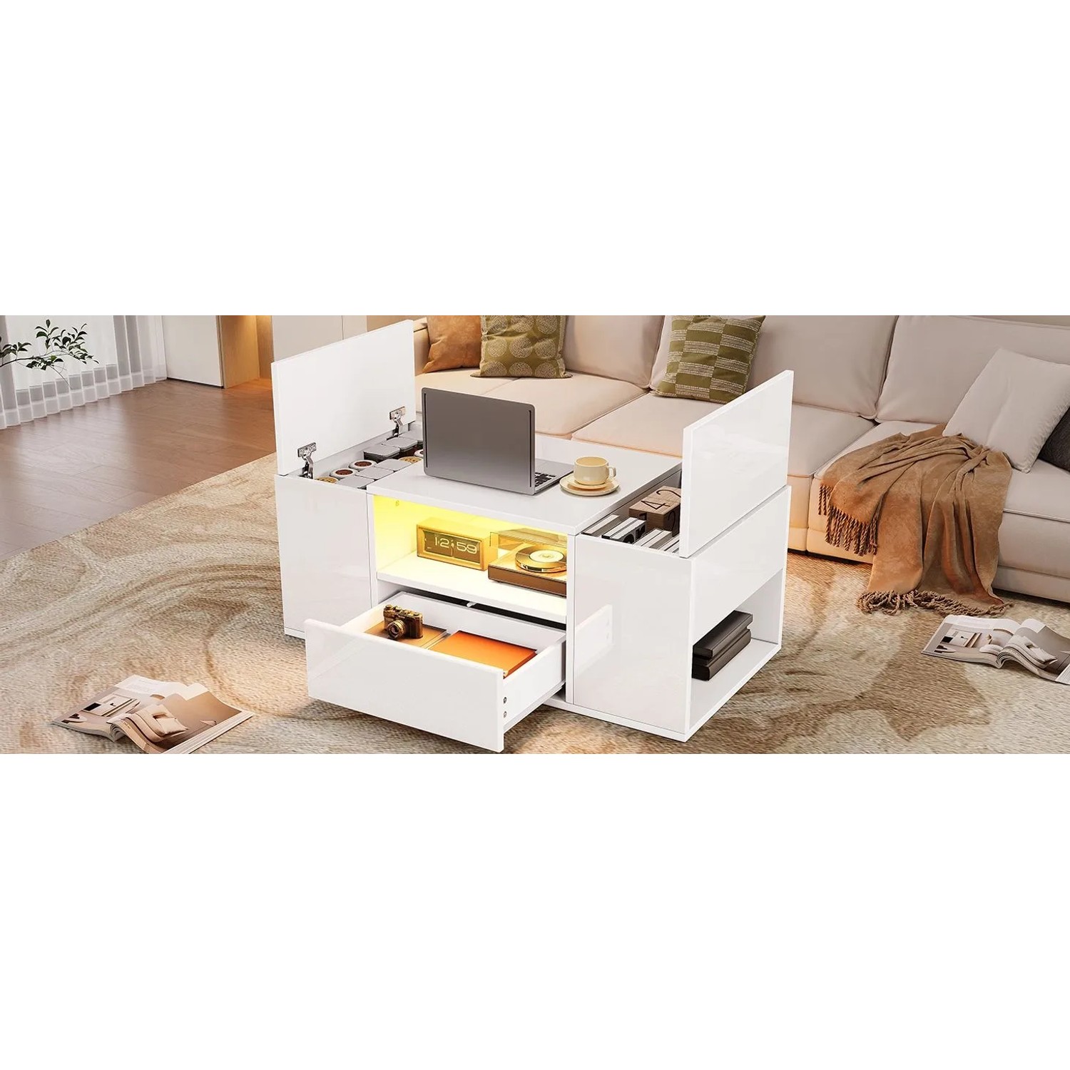 okwish Couchtisch mit LED Beleuchtung Schublade Stauraum Wohnzimmer 100x50x40cm Weiß_8