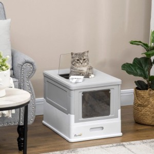 PawHut Katzenklo geschlossen, grau-weiß, mit Katze am oberen Einstieg und Streuschaufel. Modernes Design.