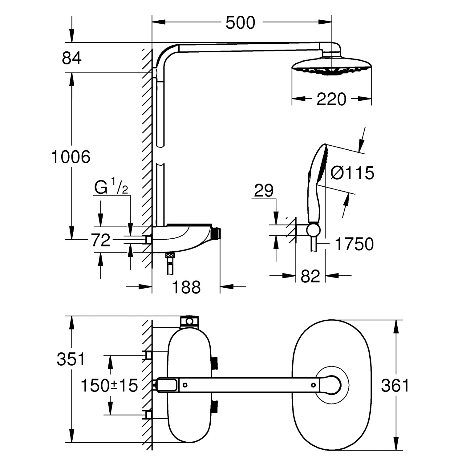 Technische Zeichnung: Grohe Rainshower SmartControl 360 Duo Duschsystem mit Maßen.