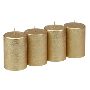 4er-Pack goldene Steinhart Stumpenkerzen Rustic-Glanz, Ø 5,8 cm x 8 cm, für festliche Dekorationen.
