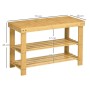 Helle Bambus-Sitzbank mit 3 Etagen und zwei Schuhregalen, 70x28x45cm, ideal für den Flur.