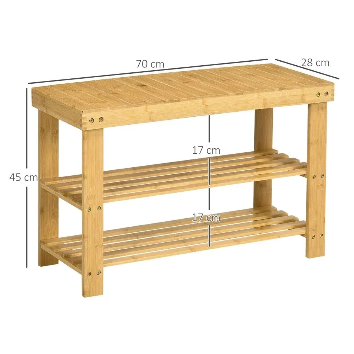 Helle Bambus-Sitzbank mit 3 Etagen und zwei Schuhregalen, 70x28x45cm, ideal für den Flur.