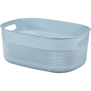 Hellblauer Curver Filo M Recycling-Korb, 12L Aufbewahrungsbox mit Griffen und dekorativer Flechtstruktur.