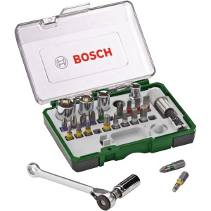 Bosch Promoline Bit- und Ratschen-Set, 27-teilig, mit Bits, Steckschlüsseln und Ratsche im grünen Koffer.