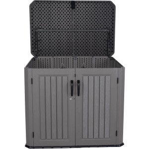Lifetime Mülltonnenbox Phil Grau, Kunststoff Geräteschrank mit geöffnetem Deckel.