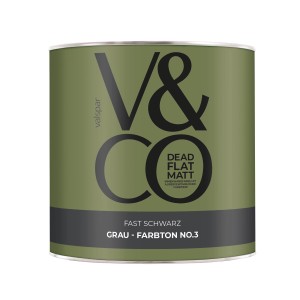 V&CO Premium Innenfarbe Dead Flat Matt Grau Farbton 3 Fast Schwarz, 2,5 l Dose.