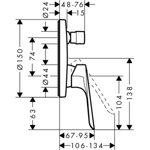 Technische Zeichnung: Hansgrohe Logis E Unterputz Wannenarmatur in Chrom mit Maßen.