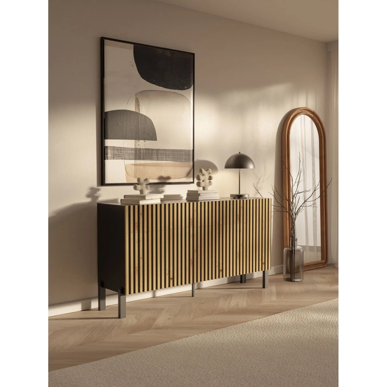 Selsey Sideboard Telire 154 cm, schwarz/Artisan Eiche Lamellenfront, Metallfüße. Moderne Kommode im Wohnzimmer.