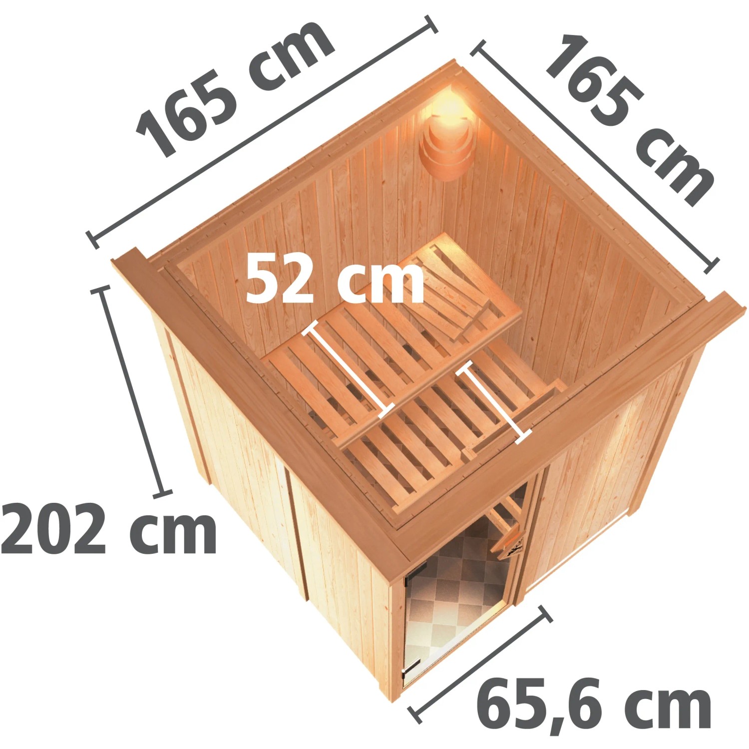 Karibu Sauna mit Ofen und LED-Dachkranz, naturbelassene Fichte, Maße: 165x165x202 cm.