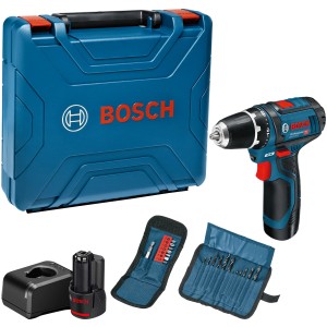 Bosch Professional Akku-Bohrschrauber GSR 12V-15 im Koffer mit 2 Akkus, Ladegerät, Bit- und Bohrerset.