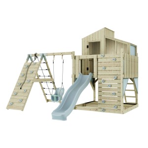 Holz-Spieltürm mit Eisblauer Babyschaukel, Rutsche und Kletterwand für Kinder ab 3 Jahren.