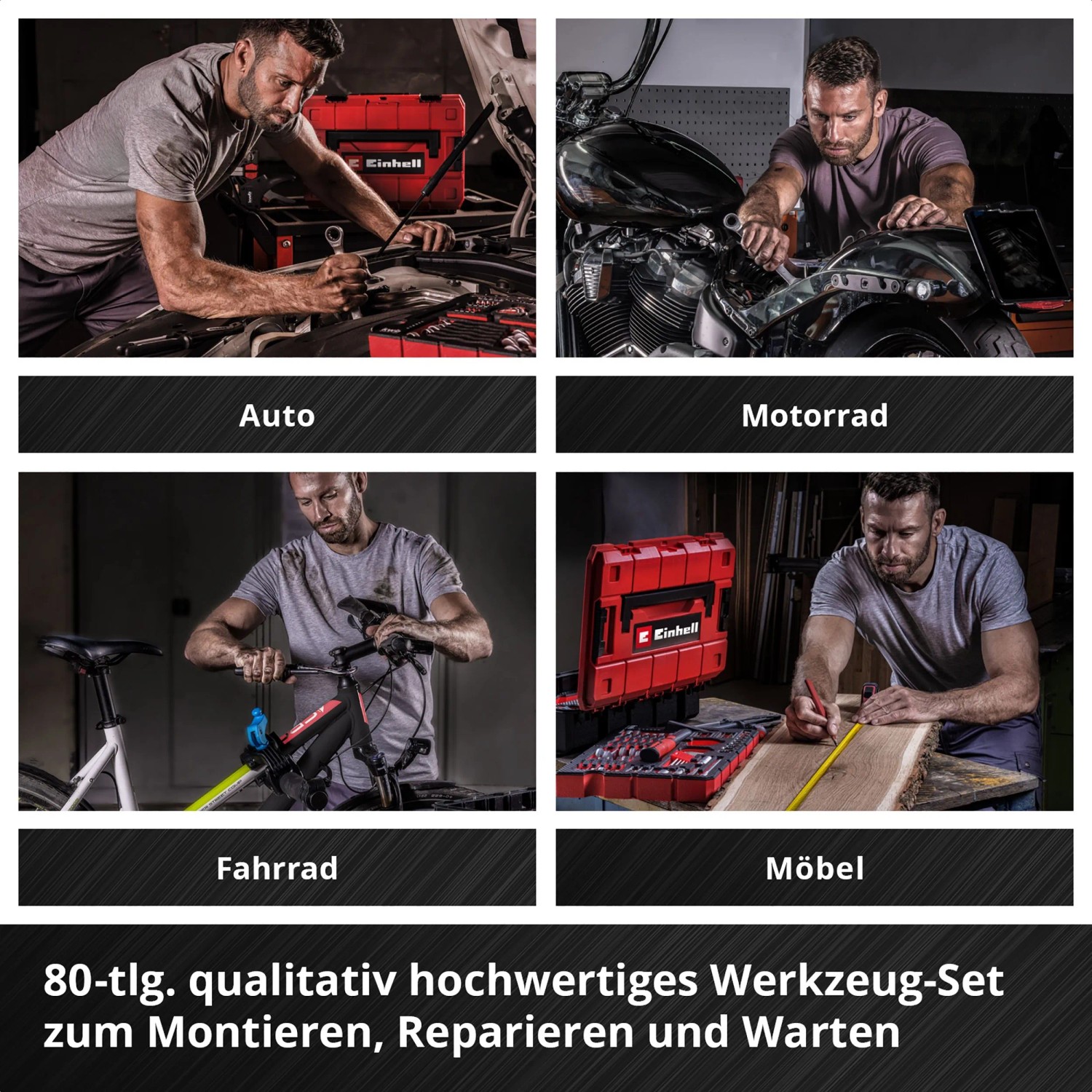 Einhell Werkzeugkoffer Universal 80-tlg. E-CASE für Auto, Motorrad, Fahrrad und Möbel.