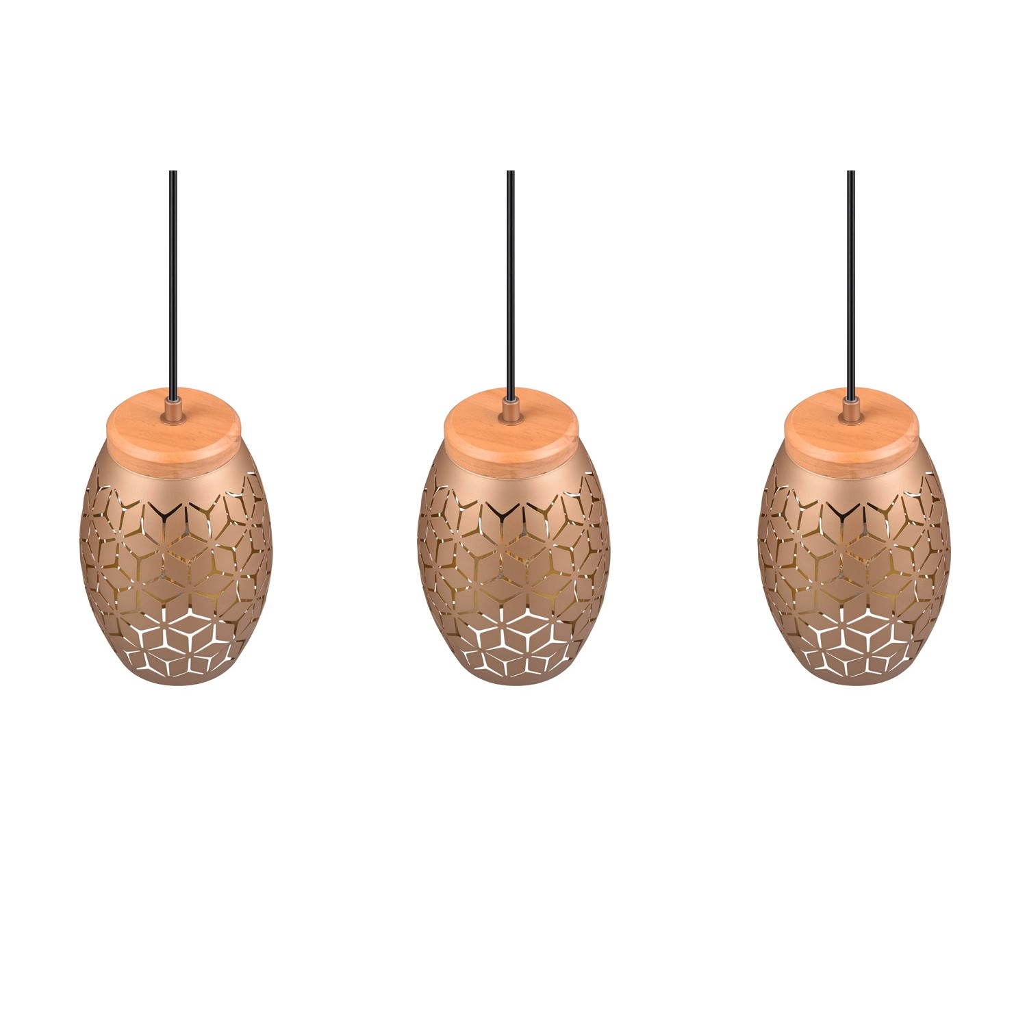 Reality Pendelleuchte Bidar, 3-flammig, Coffee. Hängelampe mit Holzdetails und dekorativem Muster.