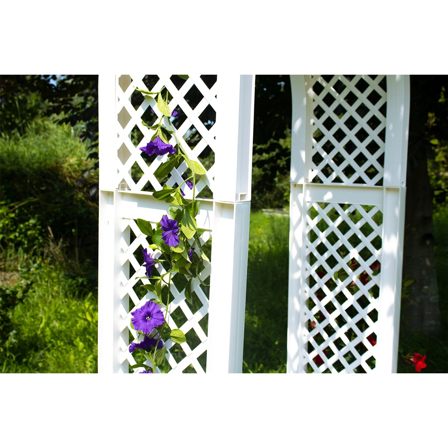 Weiße KHW Gartenbank Brüssel mit Rundbogen und Pflanzkästen, Rankhilfe mit lila Blüten.