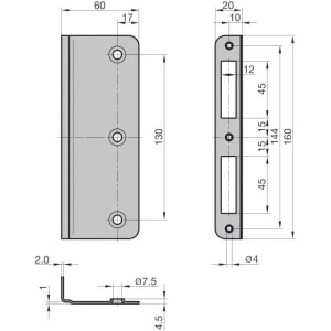 Technische Zeichnung: Basi Reparaturwinkelschließblech RWS 160, Stahl verzinkt, Maße und Details.