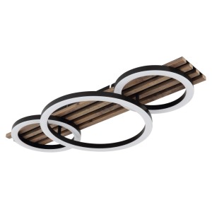 Moderne LED-Deckenleuchte Tisha, schwarz matt, mit drei Ringen und Holzoptik, 30x95 cm.