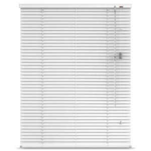 Weiße Sol Royal Alu Jalousie 70x130cm für Fenster. Glänzende Aluminium-Lamellen mit Zugschnüren und Einstellstab.