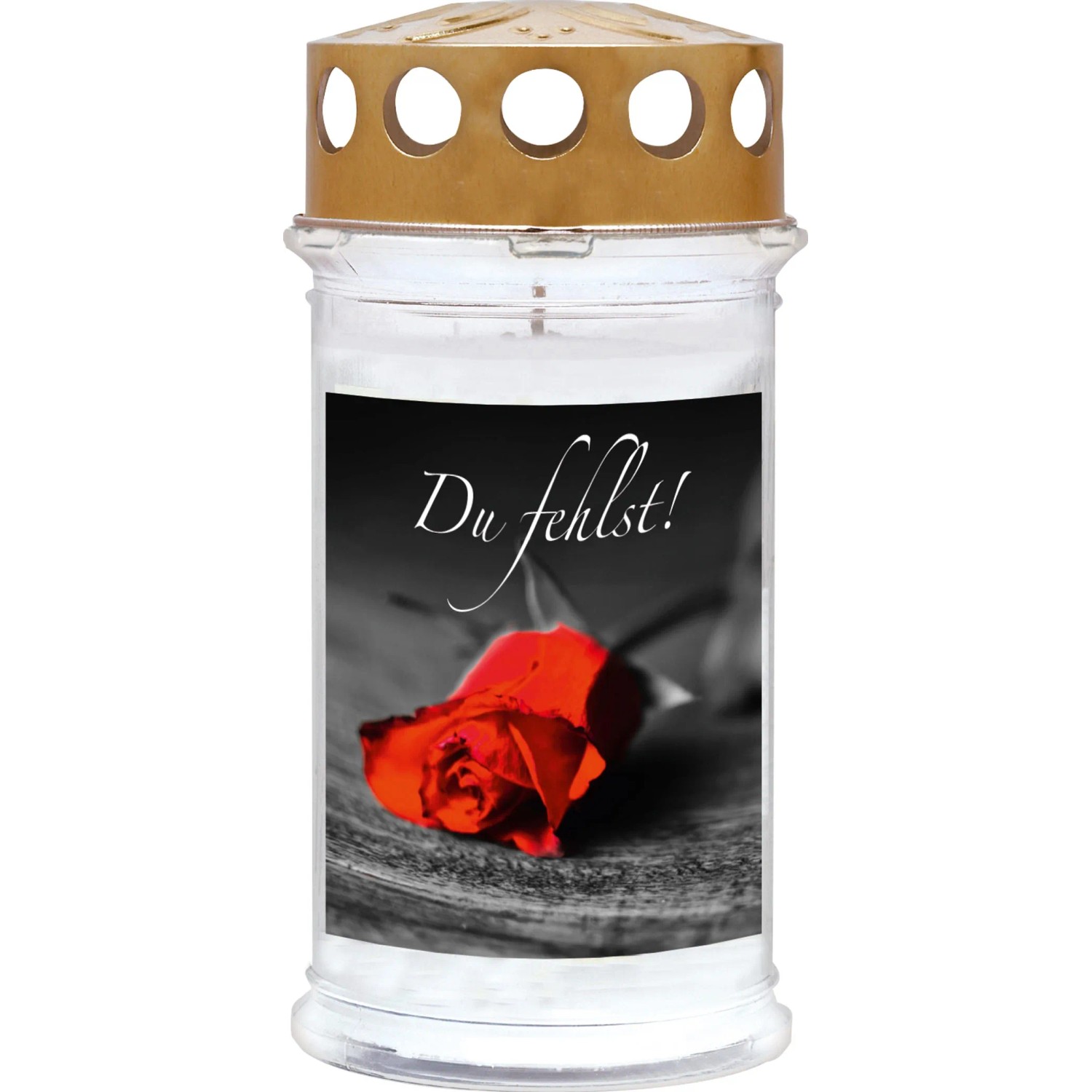 Motiv-Grablicht Ambrosius mit Rose und Schriftzug 'Du fehlst!' für 5 Tage Brenndauer.