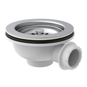 Kirchhoff Korbventil mit Edelstahl-Sieb (Ø 114mm) und weißem Ventilkelch für Spüle.