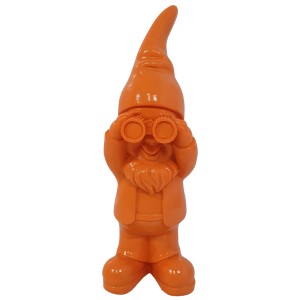 Orange Deko-Figur: Zwerg mit Fernglas, 58 cm hoch, für die Gartendekoration.