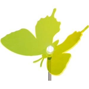 Gelber LED Solarspieß Martelli mit Schmetterling als Gartendeko.