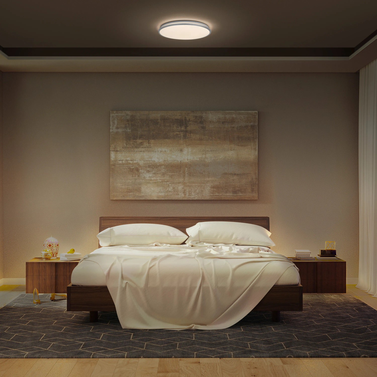 LED-Deckenleuchte Orbis Dublin Silber (Ø 48,7 cm) im Schlafzimmer. Moderne, runde Deckenlampe für den Innenbereich.