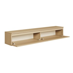 Selsey TV-Hängeboard Bemmi 175 cm in Eiche-Holzoptik mit zwei geöffneten Klappenfächern für Stauraum.