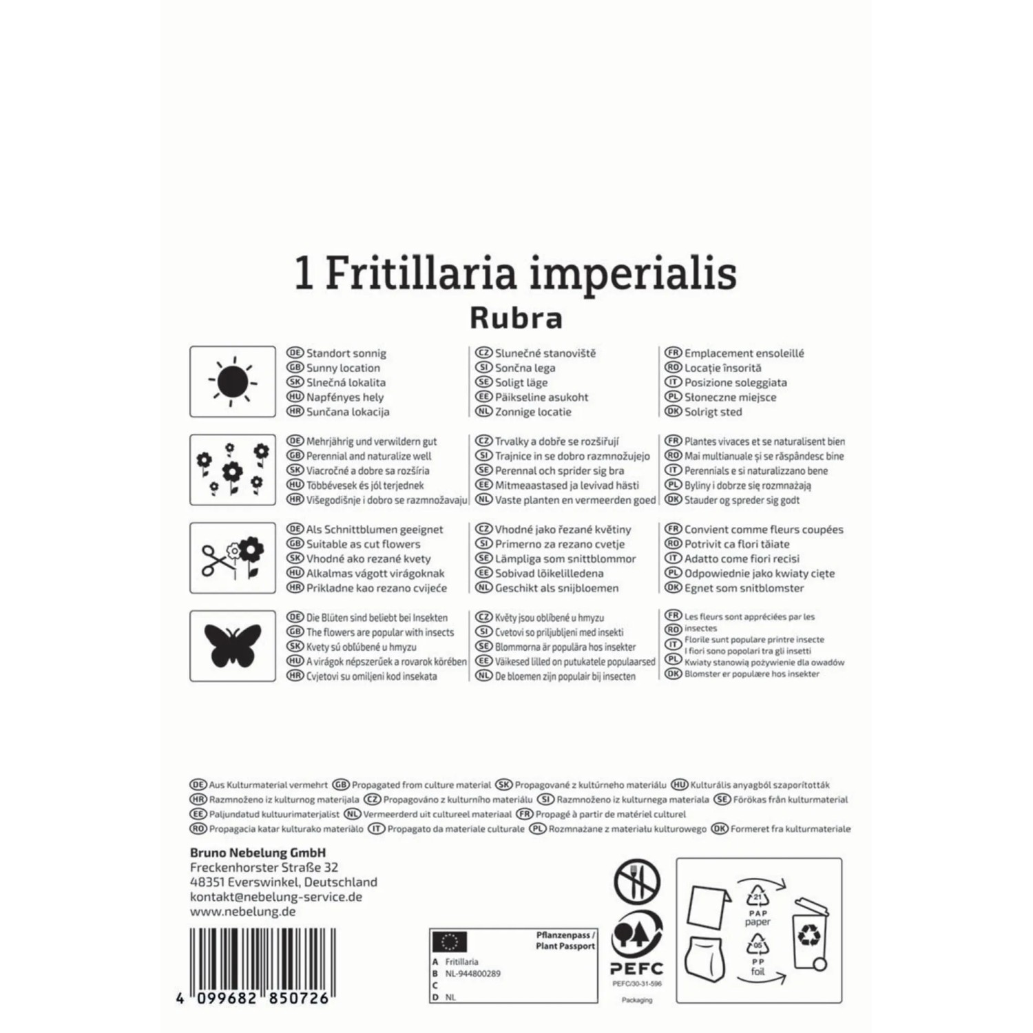 Kiepenkerl Kaiserkrone Rubra Blumenzwiebel, Verpackung mit Infos zu Standort, Pflege und Verwendung.