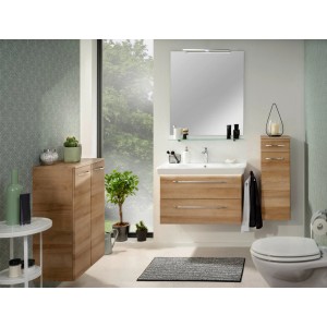 Fackelmann Keramik-Waschbecken Milano, 88,5 cm, weiß, mit Unterschrank und Spiegelschrank im Badezimmer.