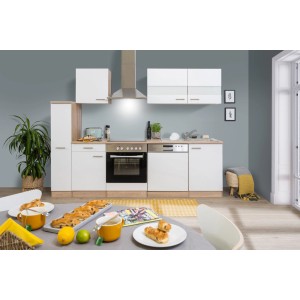 Respekta Küchenzeile KB250ESWC, 250 cm, Weiß-Eiche Glänzend mit E-Geräten.