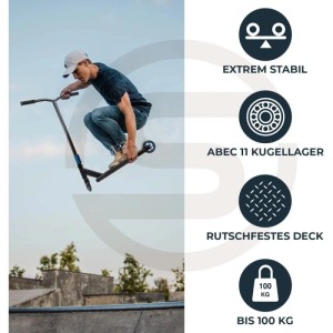 Blauer Stuntscooter Sportisfaction mit ABEC11 Kugellager bei Sprung in Skatepark.