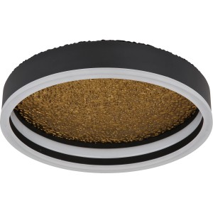 Schwarze, runde LED-Deckenleuchte Hedi mit goldfarbenem Acryl-Dekor.