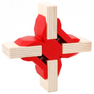 Roter Playwood Kreuzverbinder X für Möbelbau und Regalböden, verbindet vier Holzplatten.