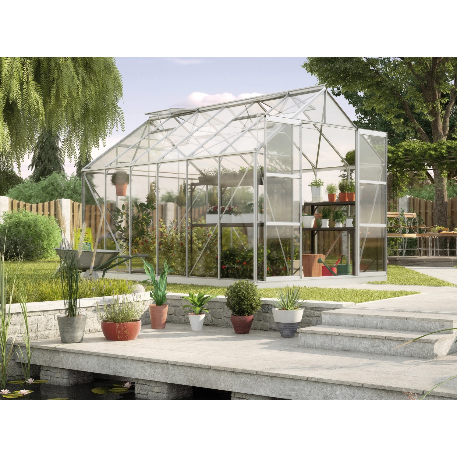 Vitavia Gewächshaus Uranus 9900 aus Alu, 9,9 m², mit Pflanzen und Regalen im Garten.