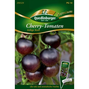 Samenpackung Quedlinburger Cherry-Tomate 'Indigo Rose' mit dunkelvioletten Tomaten.