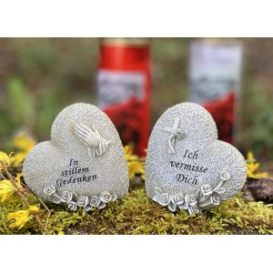 Flower Power Grabdeko Memoria Herz mit Rosen, 2-fach sortiert. Grabschmuck aus Kunststein.