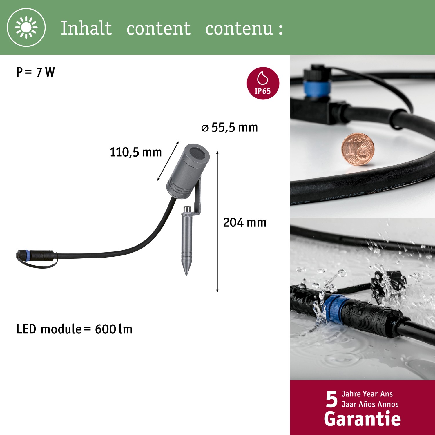 Paulmann LED-Gartenstrahler Plug & Shine Radix, 6W, grau, mit Erdspieß und Maßangaben.