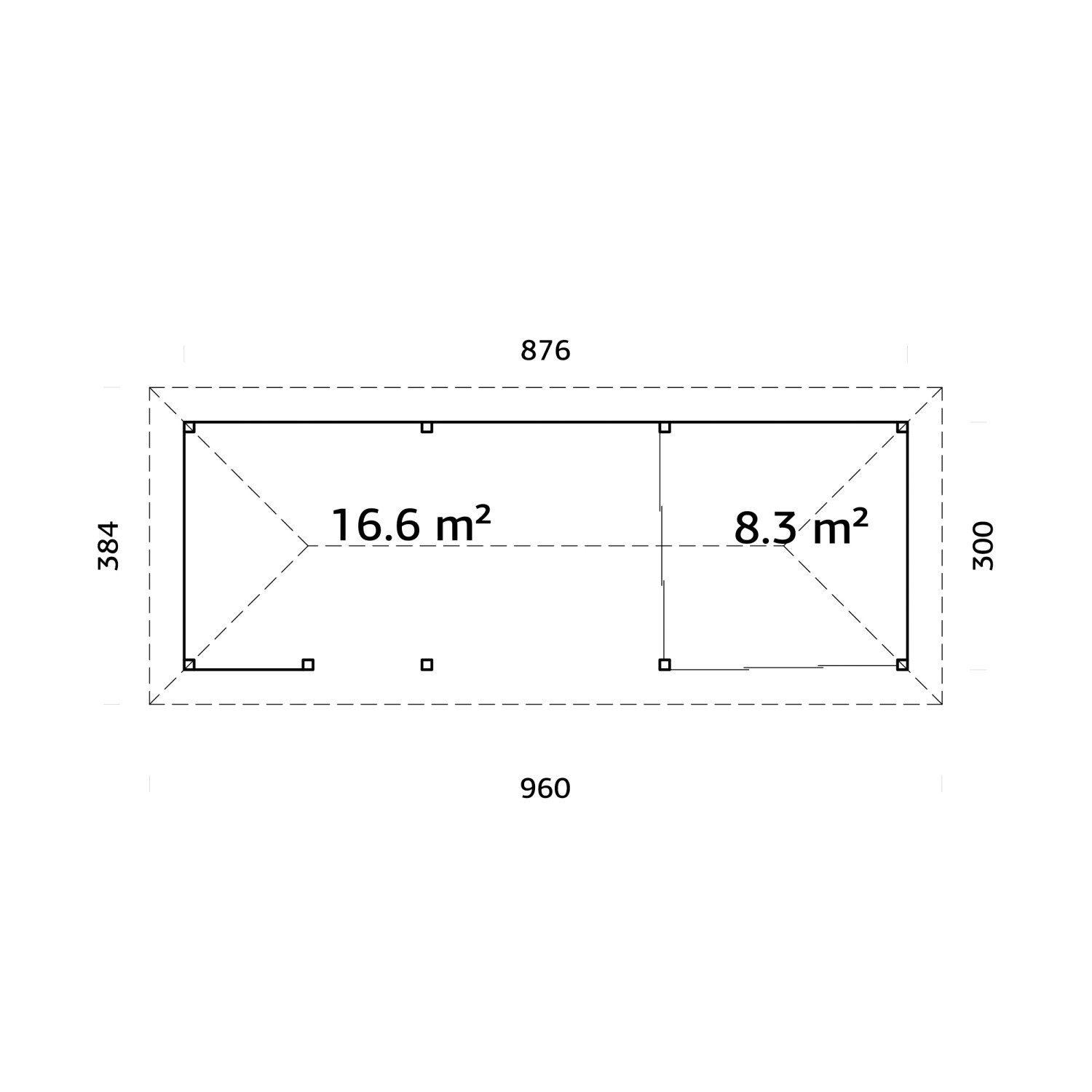 Grundriss Palmako Pavillon Bianca Set215 Slide Grau, 876x300cm, mit Flächenangaben. Ideal für Outdoorküche.