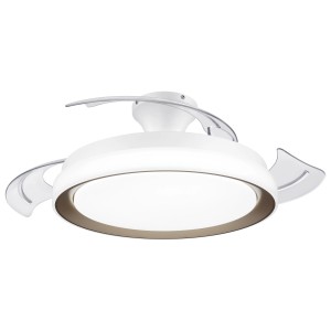 Weiße Philips LED Deckenleuchte Bliss mit Ventilator und goldenem Akzent.
