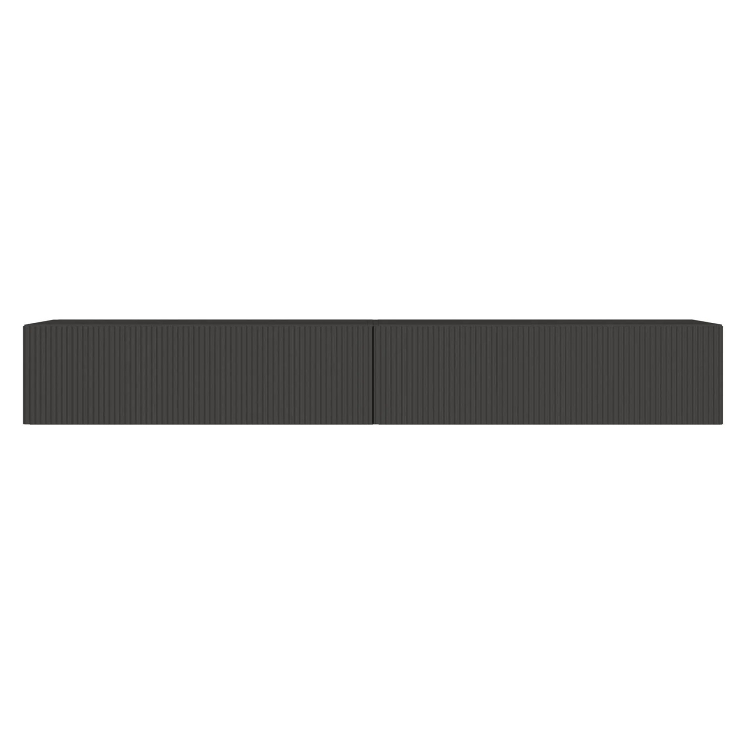 Schwarzes Selsey Veldio TV-Hängeboard 200 cm mit geriffelter Lamellenfront. Modernes, schwebendes TV-Lowboard für Wohnzimmer.