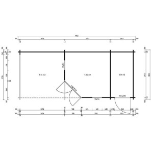 Grundriss Alpholz 5-Eck Gartenhaus Liwa mit Anbau, Maße und Raumaufteilung.