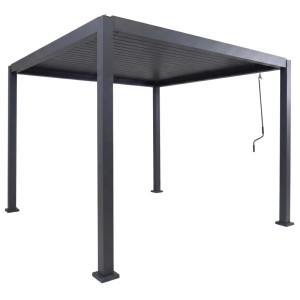 Anthrazitfarbene MCW Pergola P65 mit Lamellendach und Aluminiumgestell, 3x3m.