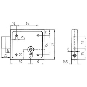 Technische Zeichnung Kastenriegelschloss Buntbart mit Maßen.