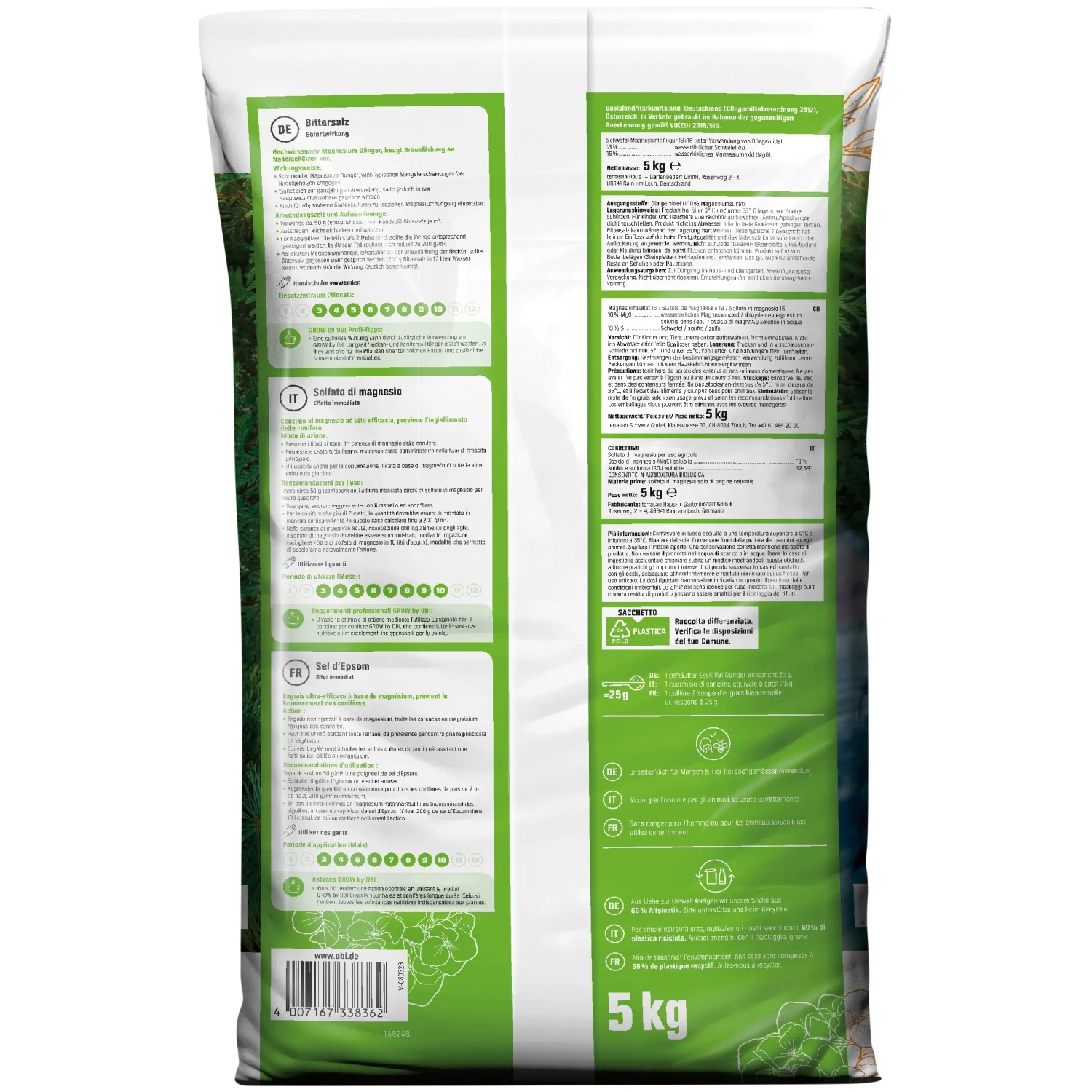 5 kg Bittersalz von GROW by OBI im Foliensack, Magnesiumdünger gegen Nadelbräune.